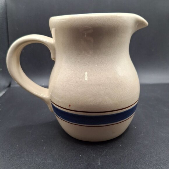 Vintage Stoneware Creamer Pitcher With Blue Stripe By Vernon Corp. Taiwan - Picture 3 of 7